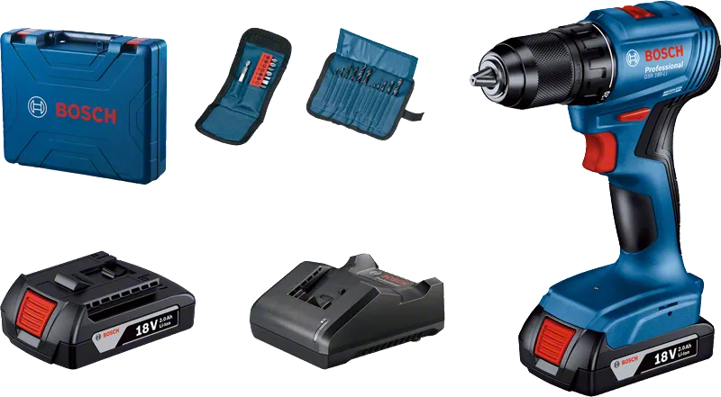 BOSCH GSR 185-LI Cordless 18v Drill Driver with 2x 2.0Ah Batteries, Charger and 23pcs Drill and Driver Bits - สว่านไขควงไร้สาย Li-Ion 18V พร้อมแบตเตอรี่ 2.0Ah 2ก้อน แท่นชาร์จ และชุดดอกสว่าน และดอกไขควง 23ชิ้น บ๊อช รุ่น GSR 185-LI - 06019K30K2