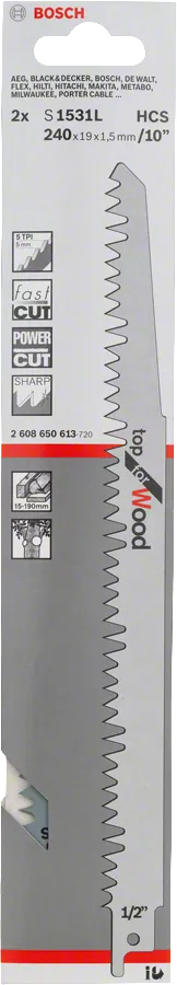 BOSCH S 1531 L - 240mm Reciprosaw Blade Top for Wood - ใบเลื่อย เลื่อยชัก เหมาะสำหรับตัดกิ่งไม้สด และงานทั่วไป ขนาด 240มม (10 นิ้ว) - 2608650613