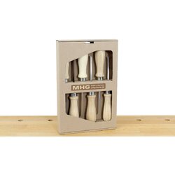 MHG 363123 Set of 6 MHG Chisels in standard size with slightly levelled oiled round Ash Handle 6, 10, 12, 16, 20, 26 mm. - สิ่วชุด 6 เล่มขนาดมาตรฐานด้ามไม้แอชลงน้ำมันขนาด 6มม. 10มม. 12มม. 16มม. 20มม. และ 26 มม. ในกล่องกระดาษ (Made in Germany)