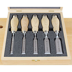 MHG 363124 5 Short MHG Chisels in Wooden Box. 12, 16, 20, 26, 30 mm - สิ่วชุด 5 เล่มขนาดสั้นด้ามไม้แอชลงน้ำมันขนาด 12มม. 16มม. 20มม. 26มม. และ 30 มม. ในกล่องไม้ (Made in Germany)