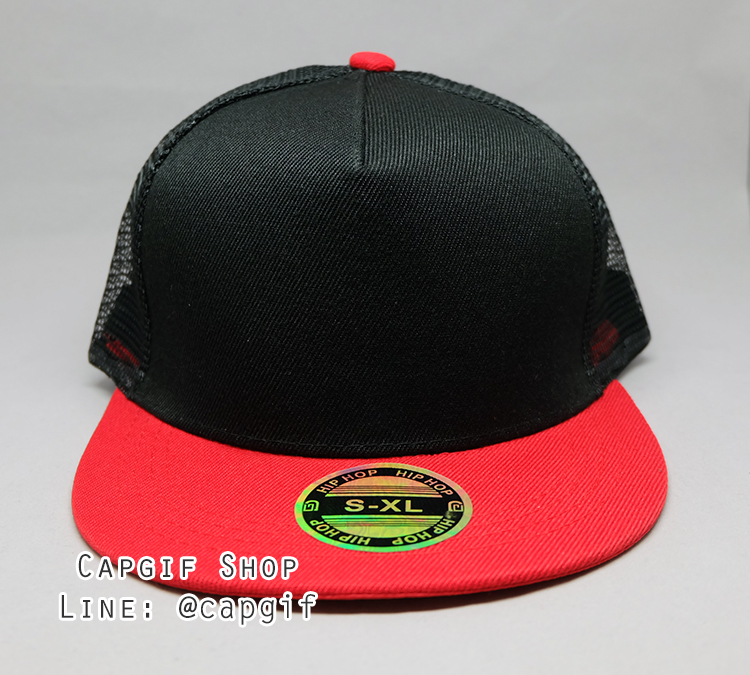 หมวกฮิปฮอปตาข่ายสีดำปีกแดง