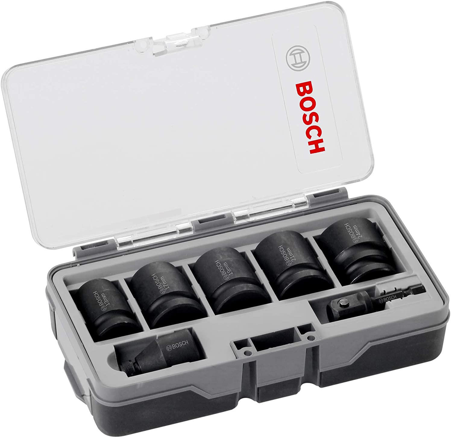 BOSCH 2608551029 7pc Impact Socket Set: SW13, SW17, SW19, SW21, SW24, 1/4"-1/2" Adaptor- ชุดลูกบล็อคลมหกเหลี่ยม 1/2 นิ้ว 7ตัว/ชุด เบอร์ 13-24 BOSCH รุ่น 2608551029
