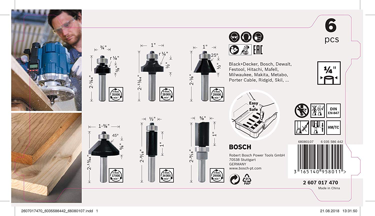 BOSCH Accessories 2607017470 - ชุดดอกเร้าเตอร์แกน 1/4" จาก BOSCH (กล่องพลาสติก 6 ดอก/ชุด) ดอกกัดผสม