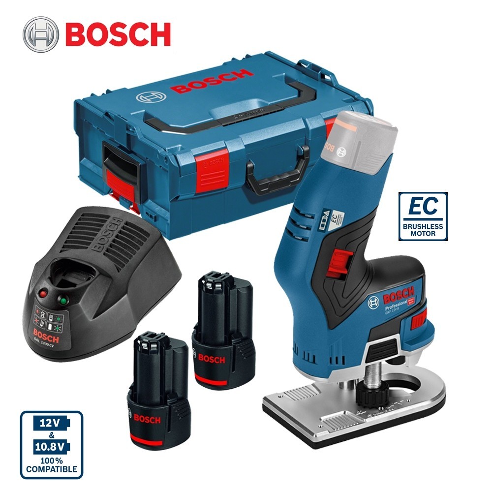 BOSCH GKF 12V-8 - Cordless Brushless Trim Router Set -ชุดเครื่องเซาะร่องไร้สายแกน 1/4" พร้อมแบตเตอรี่ 3Ah x2 แท่นชาร์ทเร็ว และกล่อง L-Boxx *
