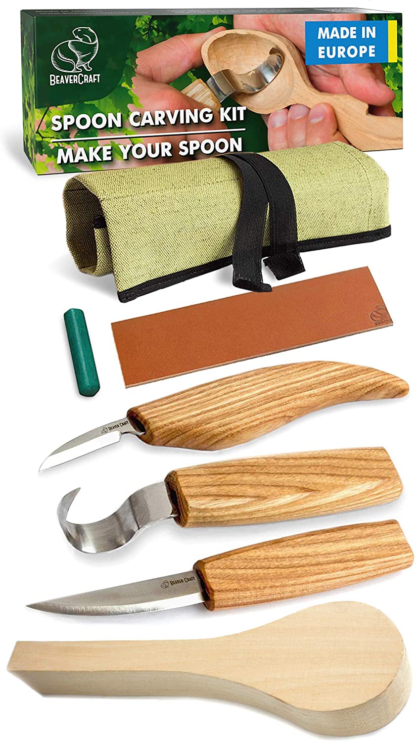 BeaverCraft Wood Spoon Carving Tools Kit- ชุดมีดแกะสลักไม้สำหรับขุดช้อน ถ้วย 3 เล่ม พร้อมหนังลับและไขลับคม มาพร้อมม้วนซองใส่มีด และไม้สำหรับเริ่มทำงาน (Made in Ukraine)