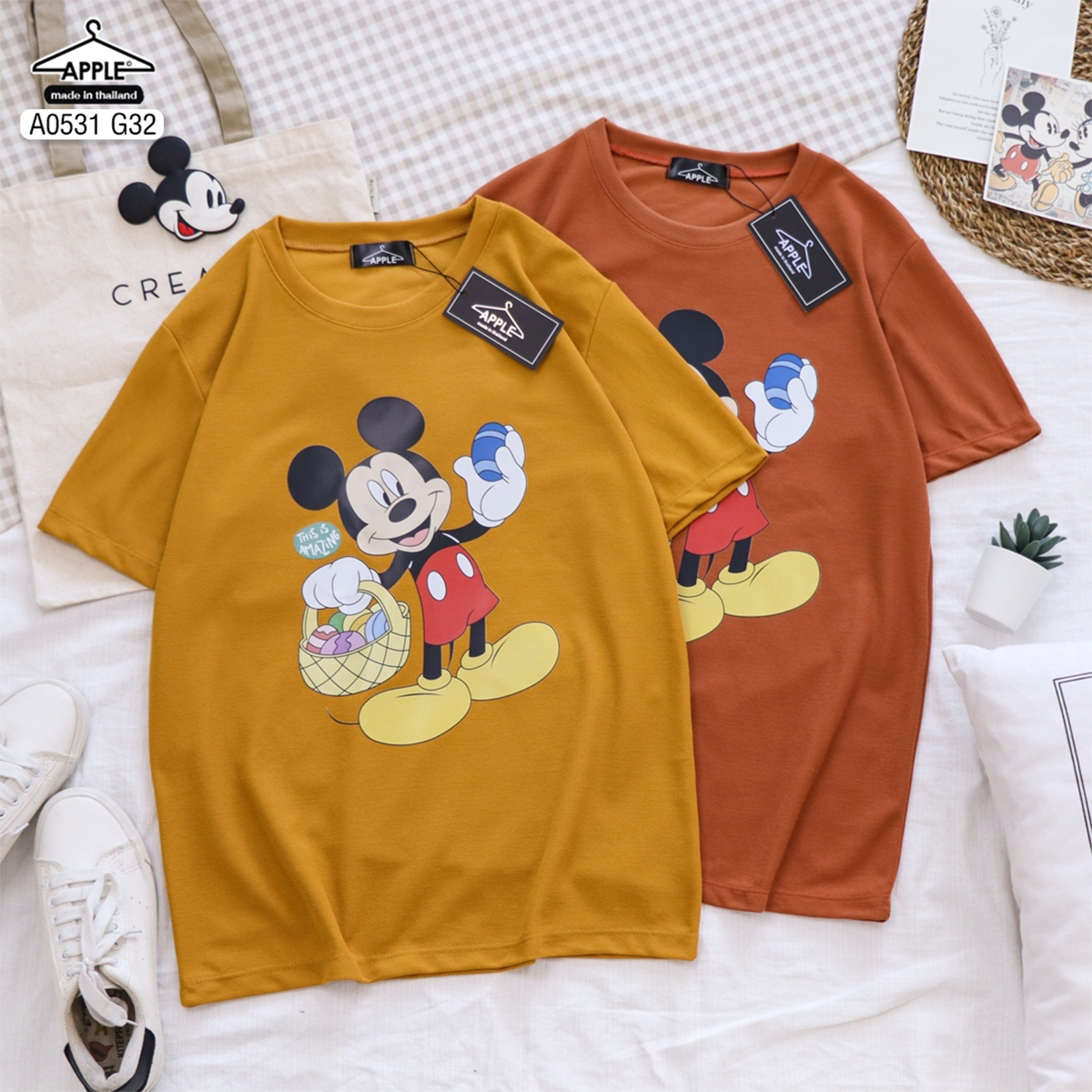 เสื้อยืดมิกกี้เมาส์ วินเทจ Mickey Mouse ทรงเสื้อ UNISEX ลายน่ารัก เสื้อฟรีไซส์ เนื้อผ้าโปโล