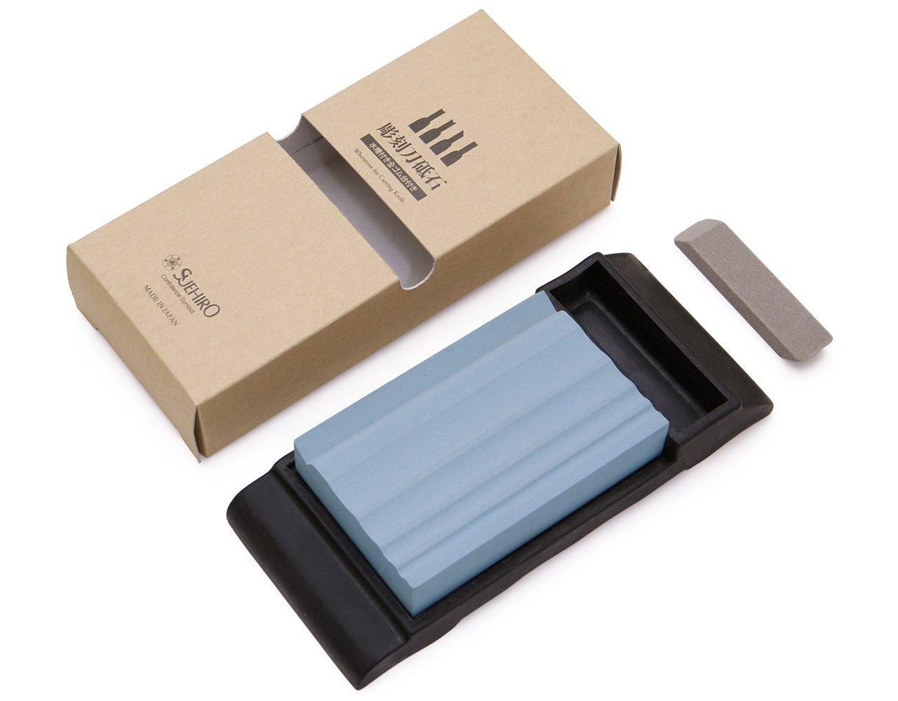 SUEHIRO: Wood Carving Tools, Medium carving knife sharpener, Sharpening stone #1000 with Rubber Stand and stone cleaner - หินลับคมเครื่องมือแกะสลัแกะสลัก (Made in Japan)
