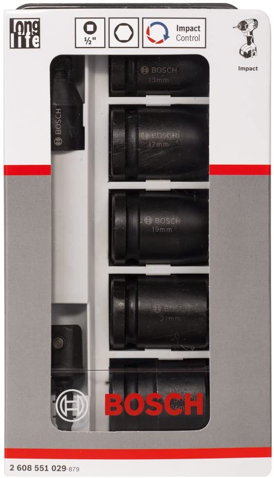 BOSCH 2608551029 7pc Impact Socket Set: SW13, SW17, SW19, SW21, SW24, 1/4"-1/2" Adaptor- ชุดลูกบล็อคลมหกเหลี่ยม 1/2 นิ้ว 7ตัว/ชุด เบอร์ 13-24 BOSCH รุ่น 2608551029