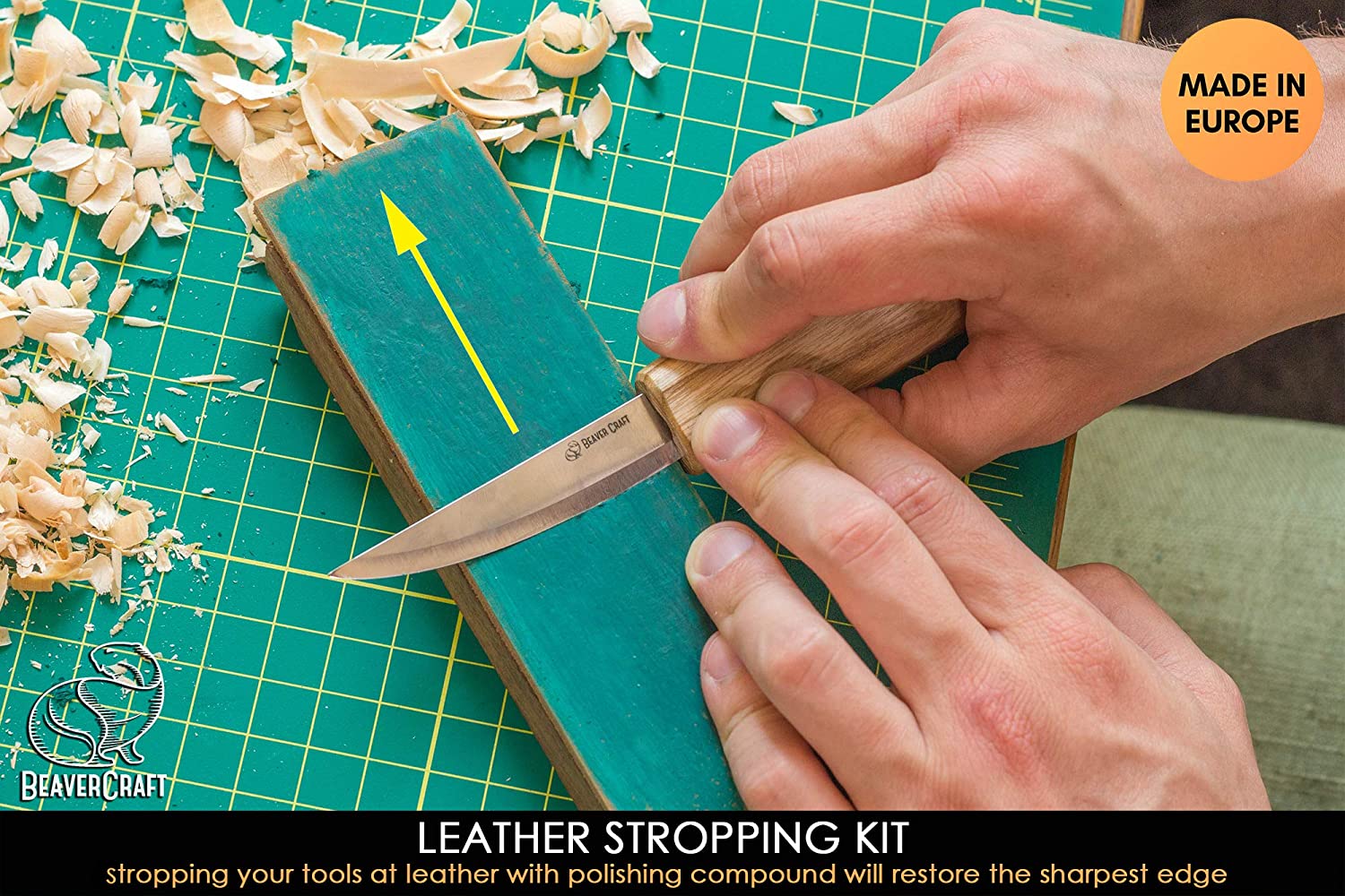 BeaverCraft Wood Spoon Carving Tools Kit- ชุดมีดแกะสลักไม้สำหรับขุดช้อน ถ้วย 3 เล่ม พร้อมหนังลับและไขลับคม มาพร้อมม้วนซองใส่มีด และไม้สำหรับเริ่มทำงาน (Made in Ukraine)