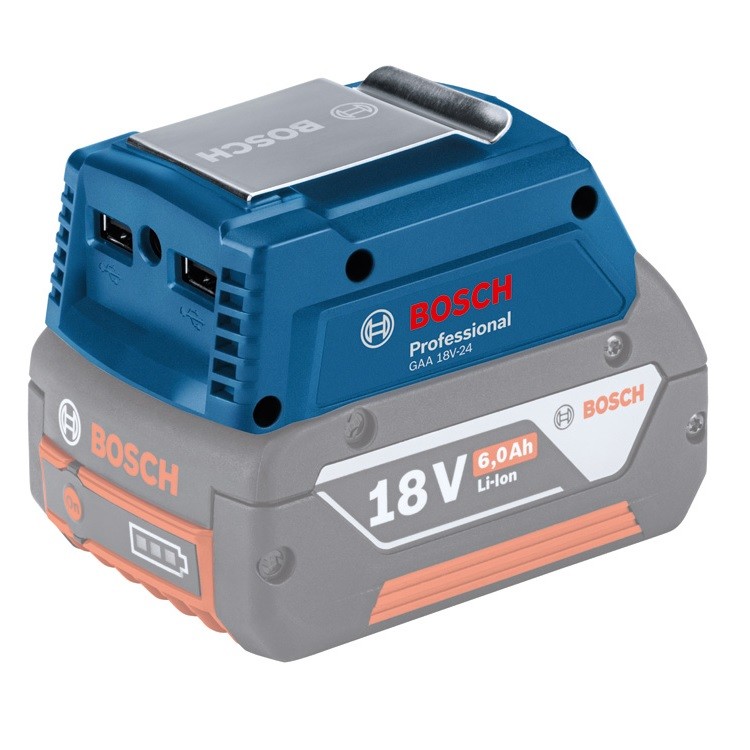 BOSCH GAA 18V-24 USB Adapter for 14.4/18v - แหล่งจ่ายไฟ USB ใช้งานร่วมกับแบตเตอรี่เครื่องมือไร้สายของบ๊อช (ไม่รวมแบตเตอรี่) - 1600A00J61