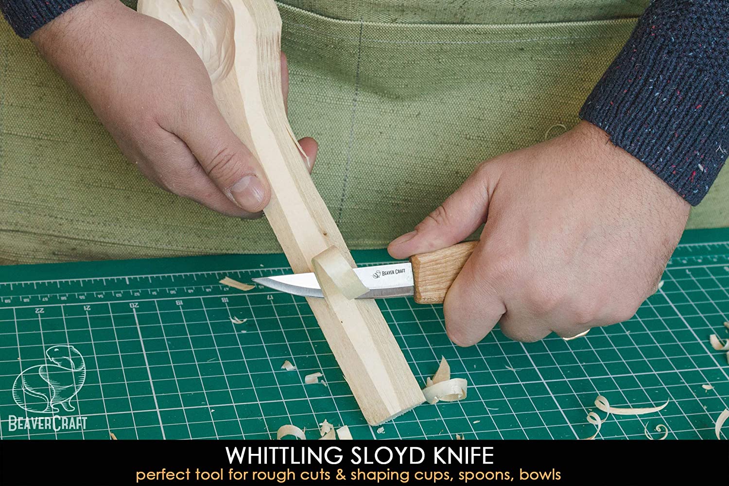 BeaverCraft Wood Spoon Carving Tools Kit- ชุดมีดแกะสลักไม้สำหรับขุดช้อน ถ้วย 3 เล่ม พร้อมหนังลับและไขลับคม มาพร้อมม้วนซองใส่มีด และไม้สำหรับเริ่มทำงาน (Made in Ukraine)