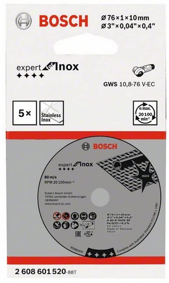 BOSCH 2608601520, 5-Pc 3-inch Expert for Inox Cutting Discs Pack (for Stainless Steel), Accessories for Bosch GWS 12V-76 or Makita DMC300 Angle Grinders - ใบตัดเหล็กชุด 5 ใบ สำหรับเครื่องเจียร Bosch GWS 12V-76 หรือ Makita DMC300 - 2608623011