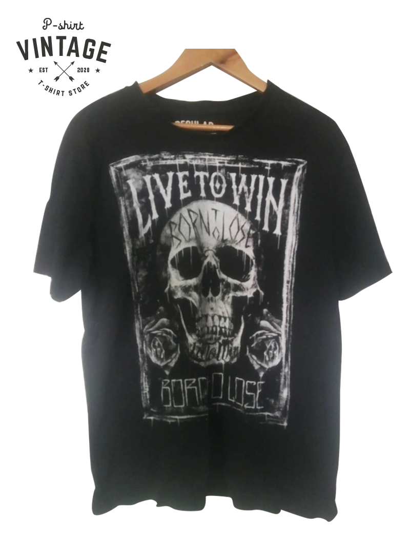 เสื้อยืดวินเทจมือสอง Vintage ลาย LIVE TO WIN หัวกระโหลกเท่ๆ งานป้ายผ้าเก่า สินค้าพร้อมส่ง