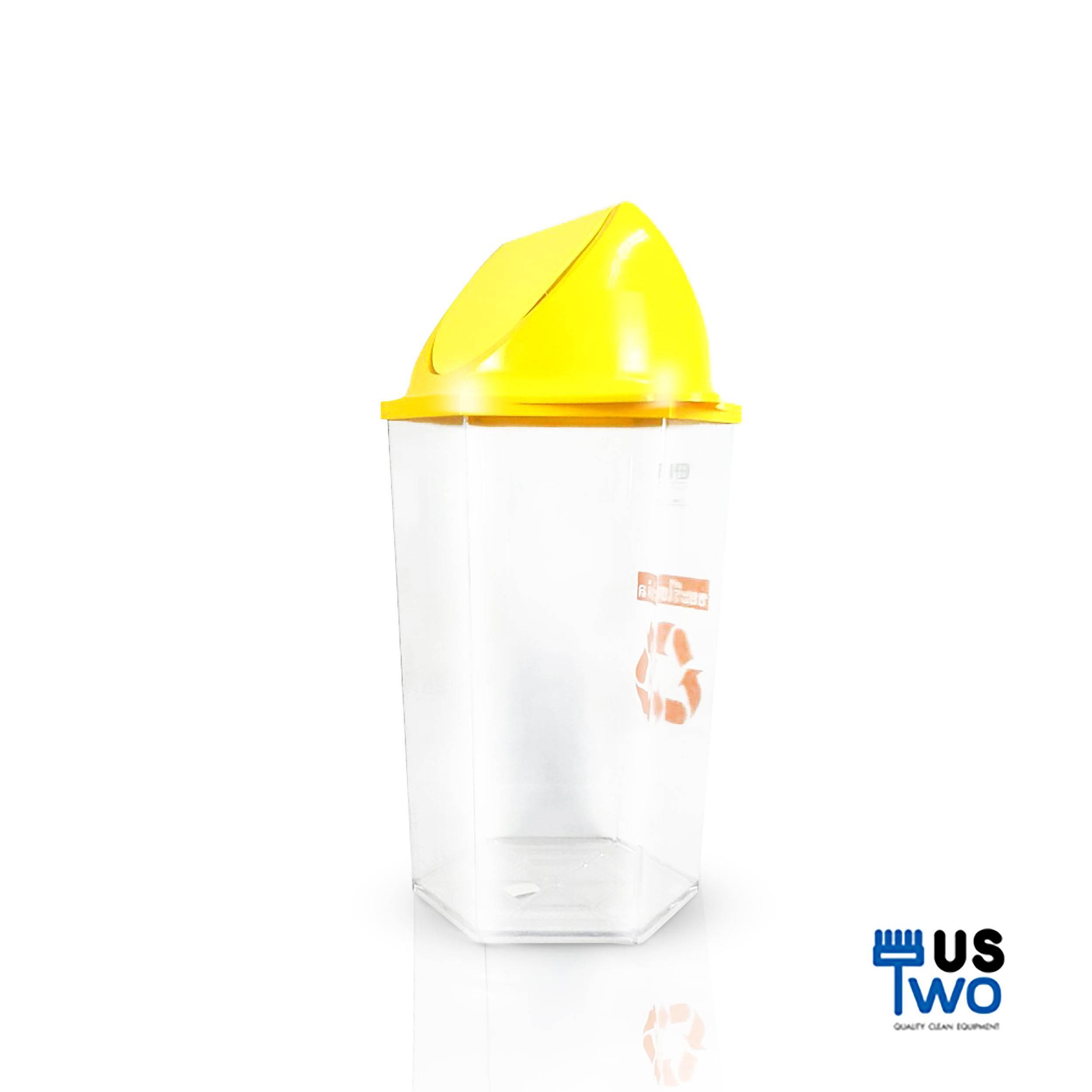 ถังขยะใสทรงหกเหลี่ยม 56 ลิตร ฝาสี แบบแกว่ง (มีตัวต่อที่ฝา พิมพ์ลาย) สีเหลือง