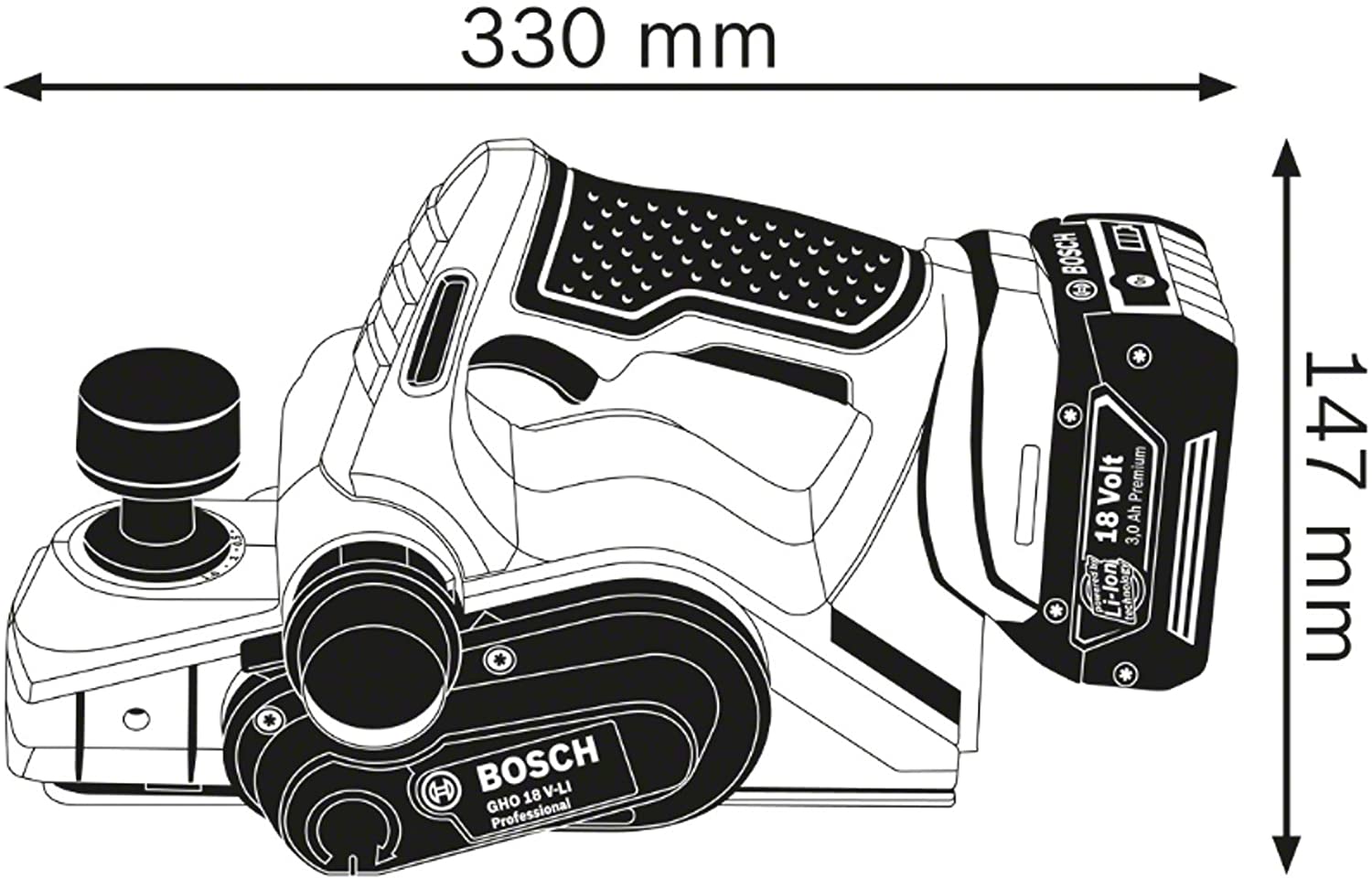 BOSCH GHO 18V-LI Cordless Wood Planer (Tool only- without battery and charger) - กบไสไม้ไร้สาย ใช้แบตเตอรี่ Li-Ion 18V BOSCH รุ่น GHO 18V-LI (ไม่มีแบตเตอรี่ ไม่มีแท่นชาร์จ) - 06015A0300
