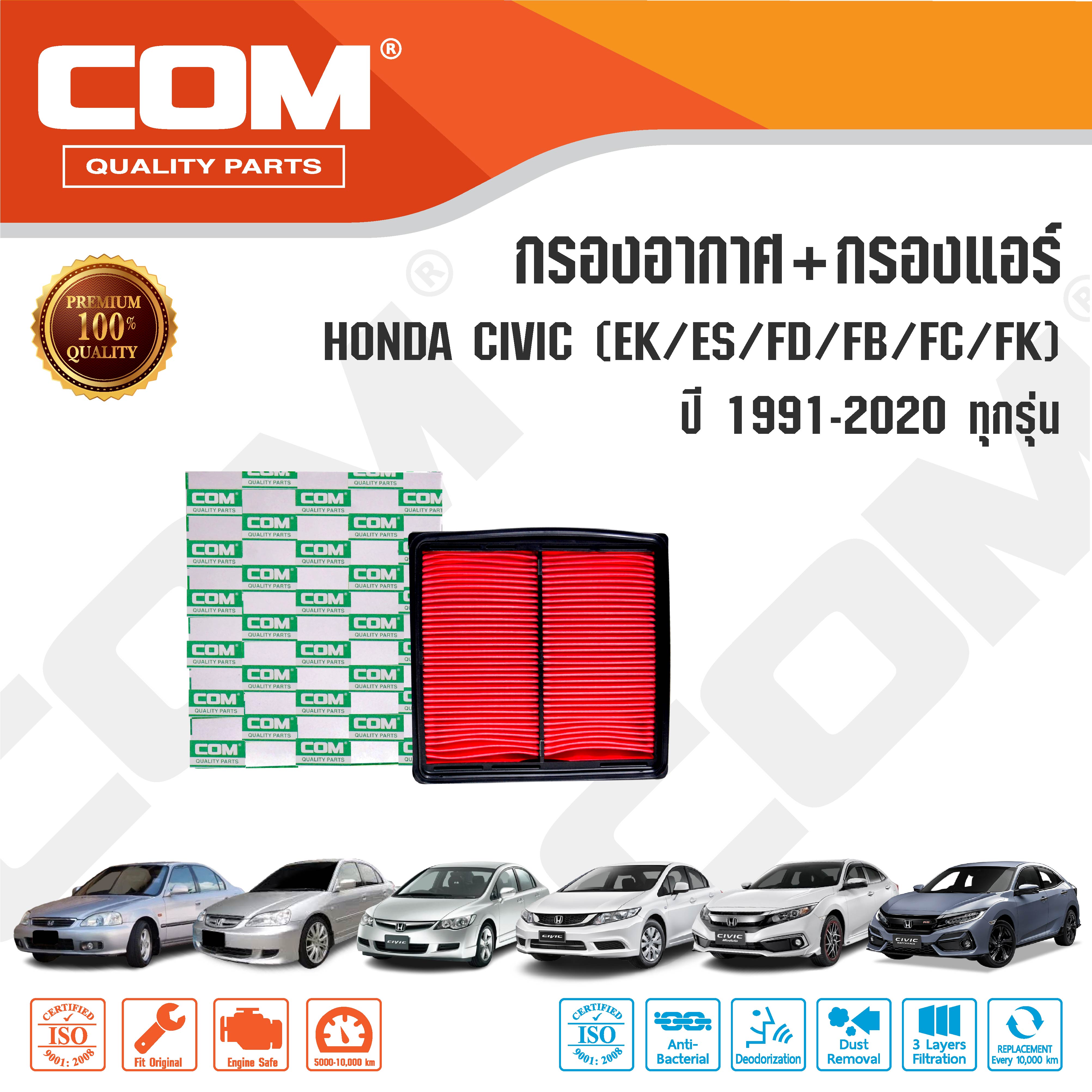 กรองอากาศ กรองแอร์ HONDA CIVIC ฮอนด้า ซีวิค 1.6 เตารีด,EK,ES,FD,FB,FC,FK ทุกรุ่น ปี 1991-2020 ,ไส้กรอง COM