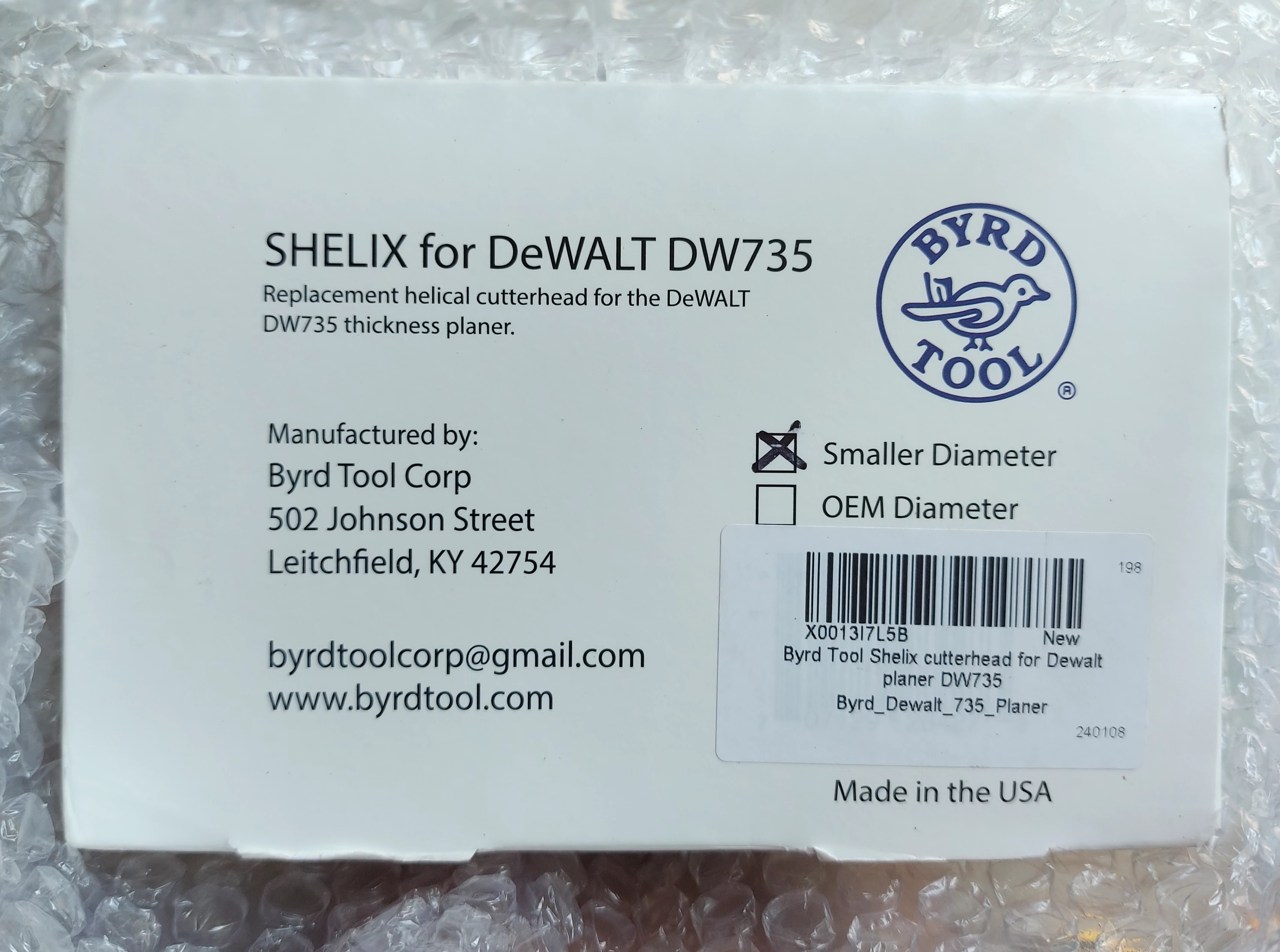 Byrd Tool X0013I7L5B Small Diameter SHELIX Helical Cutterhead for DEWALT DW735 Planer/ Thicknesser - เพลาใบมีดเฉือนไม้เม็ดคาร์ไบด์ SHELIX สำหรับเครื่องรีด Dewalt DW735 * (สินค้าสั่งซื้อล่วงหน้า Pre Order)