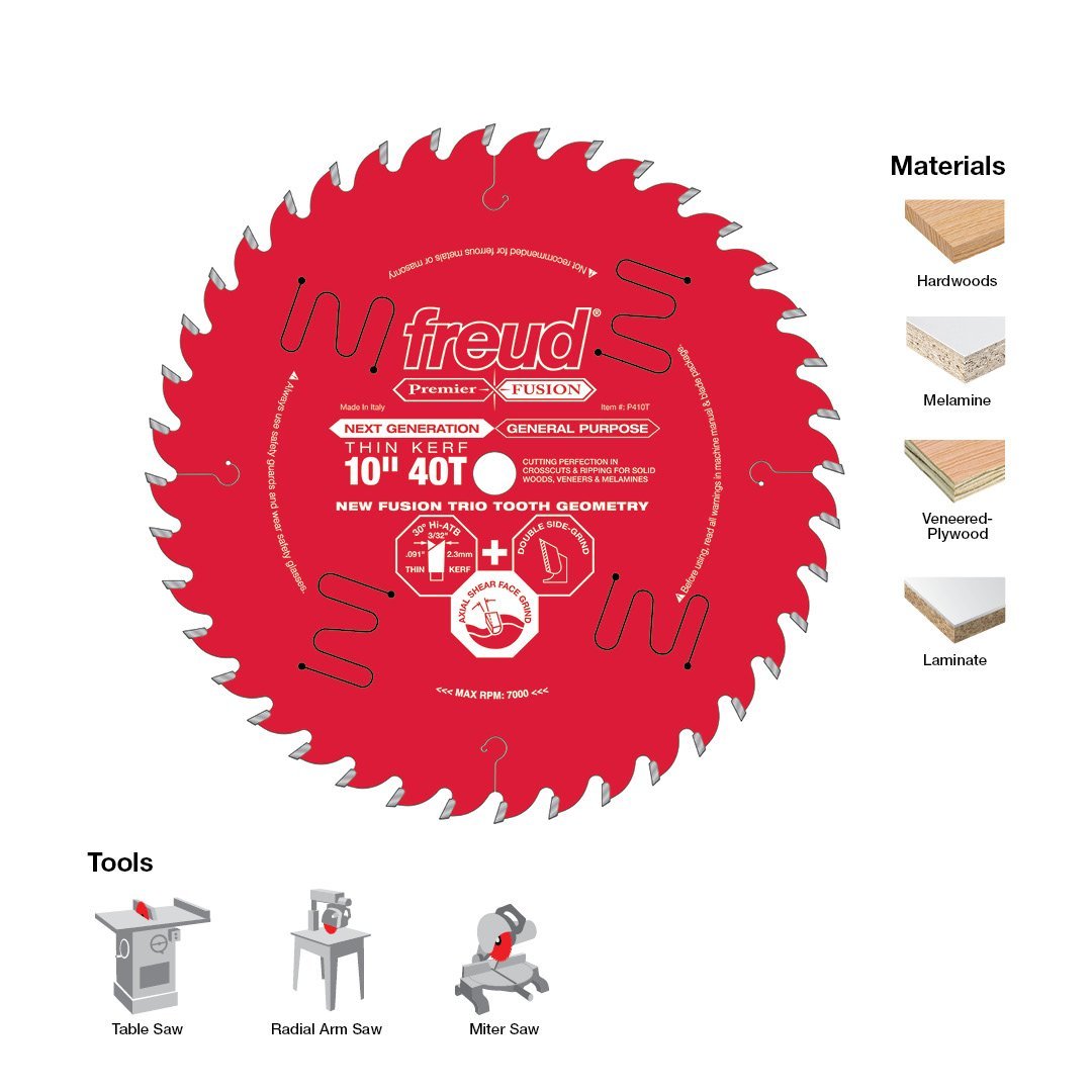 FREUD P410T - 10" x 40T Thin Kerf Hi-ATB Premier Fusion Saw Blade, 5/8-inch Arbor -ใบเลื่อยโต๊ะเลื่อยสำหรับตัดอเนกประสงค์ชนิดคลองเลื่อยแคบ U.S.A. (Made in Italy) สินค้าสั่งซื้อล่วงหน้า Pre-Order