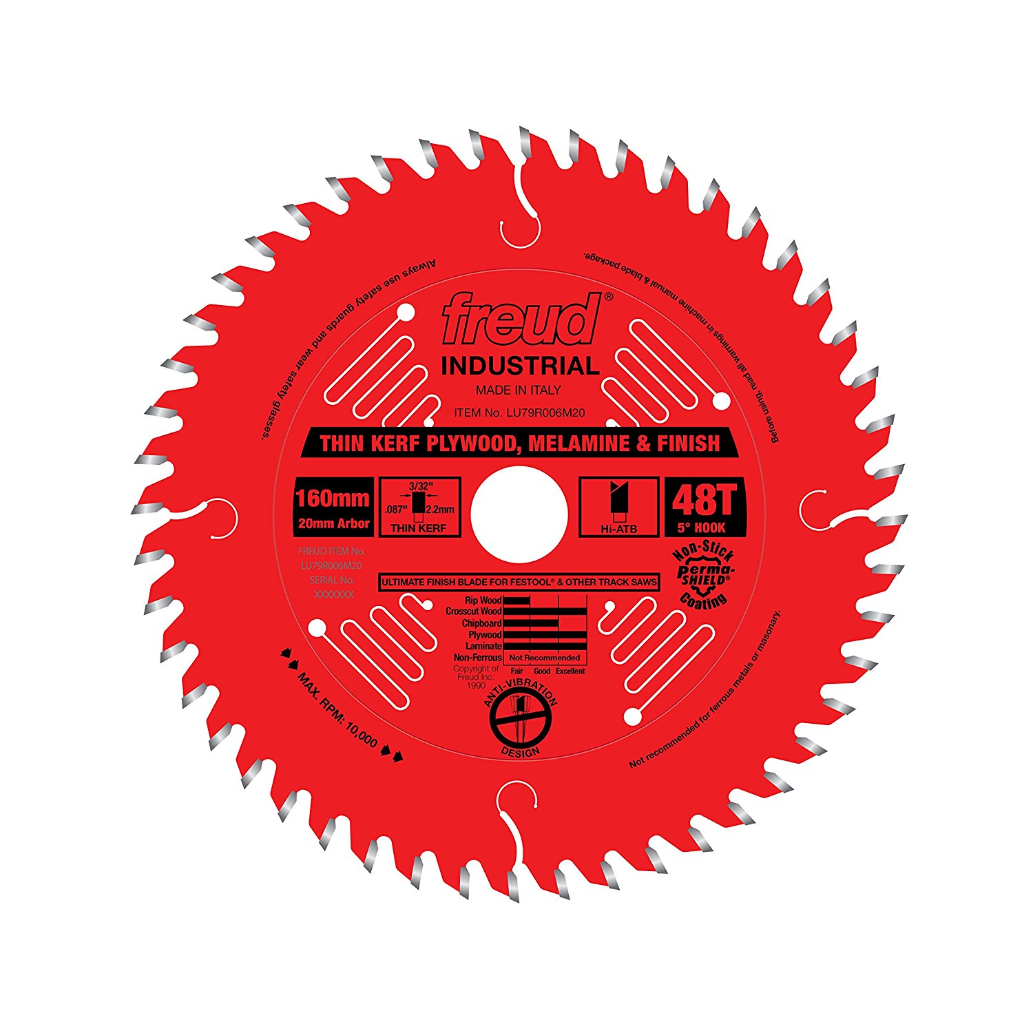 FREUD LU79R006M20 - 48T Thin Kerf Plywood, Melamine and Finish Saw Blade for Track Saws -ใบเลื่อยสำหรับเลื่อยราง(Track Saw) 48 ฟันผลิตมาสำหรับการตัดไม้อัด ไม้จริง ไม้ปิดวีเนียร์ และเมลามีน U.S.A. (Made in Italy) สินค้าสั่งซื้อล่วงหน้า Pre-Order