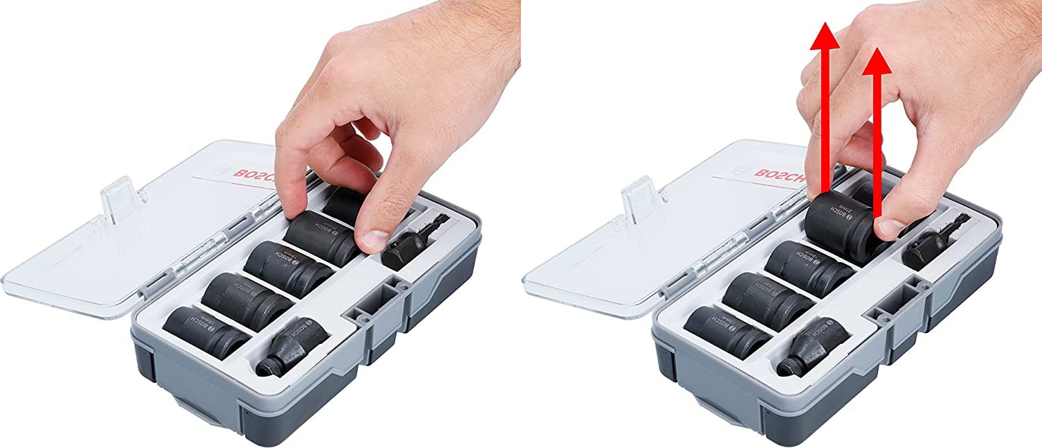 BOSCH 2608551029 7pc Impact Socket Set: SW13, SW17, SW19, SW21, SW24, 1/4"-1/2" Adaptor- ชุดลูกบล็อคลมหกเหลี่ยม 1/2 นิ้ว 7ตัว/ชุด เบอร์ 13-24 BOSCH รุ่น 2608551029