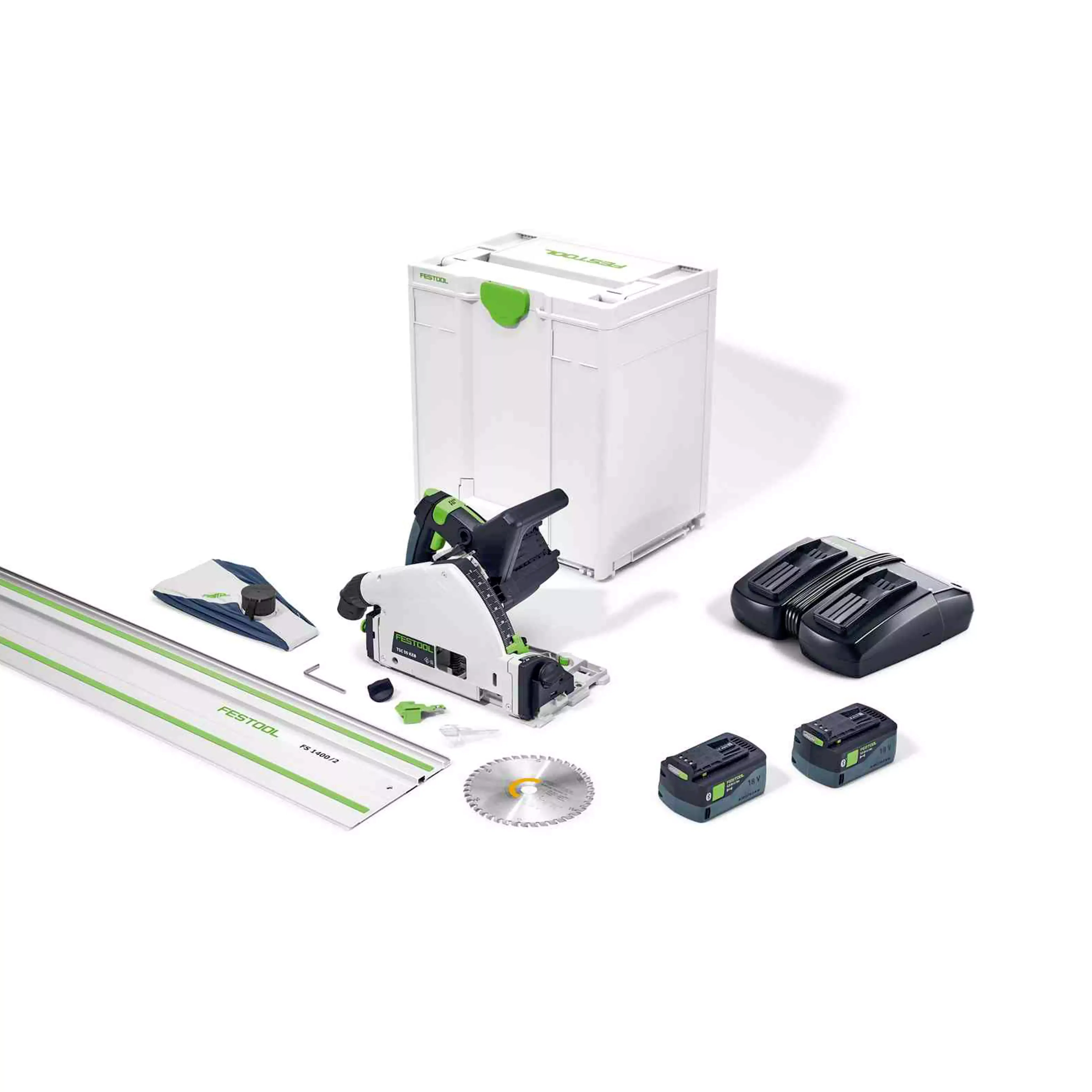 FESTOOL TSC55KEBI-Plus/XL-FS 18/36v Cordless Track Saw with Batteries Chargers and 1.4m rail- เลื่อยรางไร้สายใช้แบตเตอรี่ Li-Ion 18v/36v มาพร้อมแบตเตอรี่ แท่นชาร์จ และราง 1.4เมตร FS-1400/2 1-เส้น รุ่น TSC55 KEBI-Plus/XL-FS