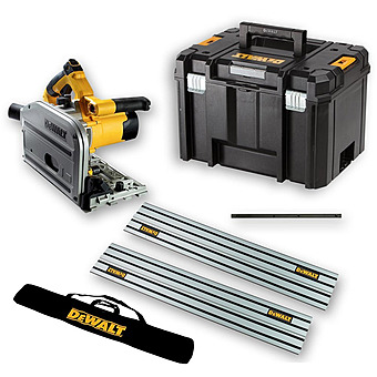 DeWALT DWS520KT-SET Plunge Saw, 2 x 1.5m Guide Rails + Connector + Rail Bag (ชุดเลื่อยราง พร้อมราง 1.5 ม. 2เส้น ต่อแล้วยาวรวม 3.0 ม.) ตัวต่อราง กระเป๋าใส่ราง และกล่องใส่เลื่อย)