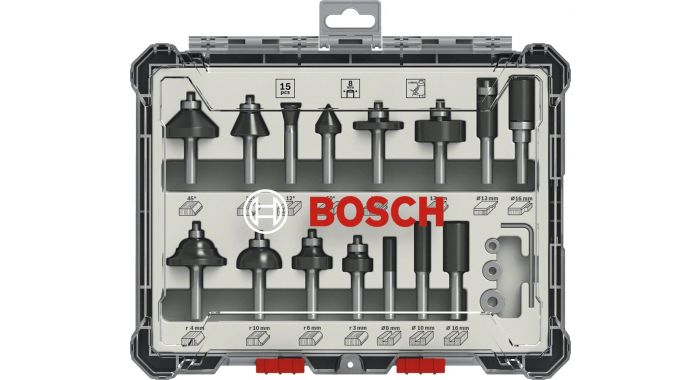 BOSCH Accessories 2607017473 - ชุดดอกเร้าเตอร์แกน 1/4" จาก BOSCH (กล่องพลาสติก 15 ดอก/ชุด)