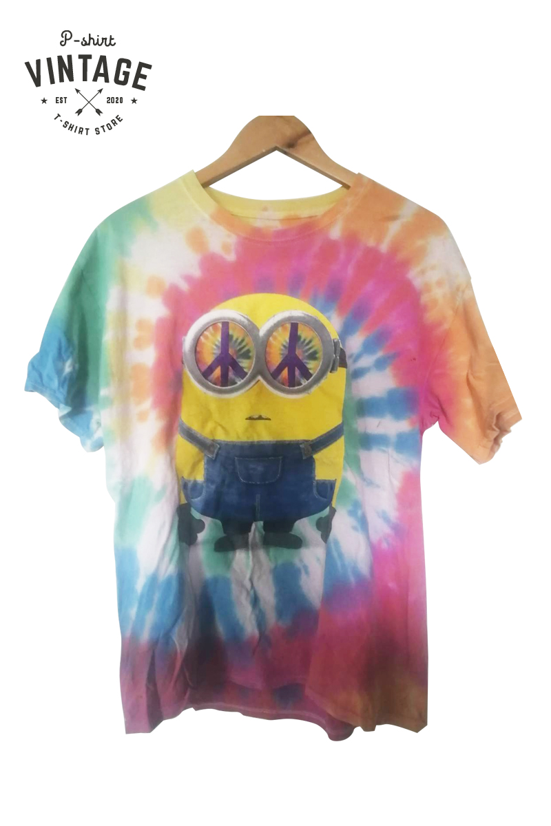 เสื้อยืดวินเทจมือสอง Vintage เสื้อมัดย้อม ลายการ์ตูน มินเนี่ยน Minions งานป้ายผ้าเก่า สินค้าพร้อมส่ง