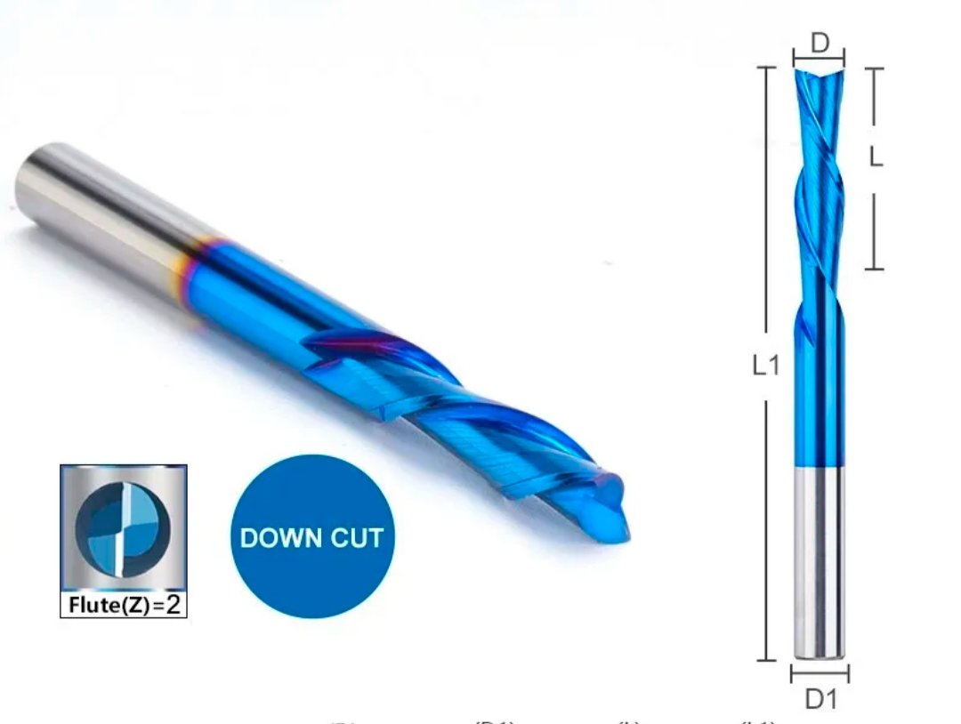 SIT TOOL SIT-RD2104 Solid Carbide Down Cut Spiral Bit, Nano Blue Coating, 1" CL- 1/4" Shank - ดอกทริมเมอร์ชนิดคาร์ไบด์ทั้งแท่ง เคลือบนาโนบลู คมแบบเกลียว 2 ชุดกัดลงยาว 1 นิ้ว แกน 1/4 นิ้ว รุ่น SIT-RD2104