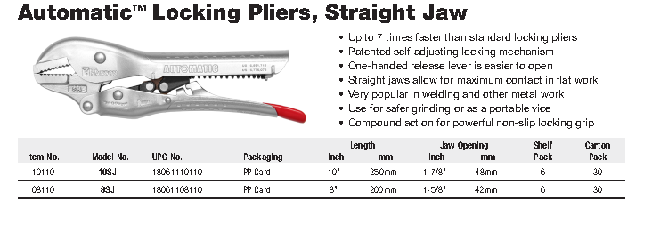 C.H. Hanson 10SJ Automatic Plier, Straight Jaw - คีมล็อคอัตโนมัติปากตรง C.H. Hanson รุ่น 10SJ Automatic