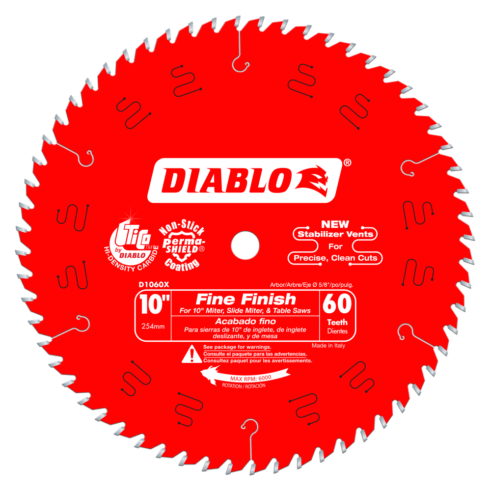 DIABLO D1060X 10-In 60Tooth Hi-ATB Fine Finish Saw Blade with 5/8-In Arbor and PermaShield Coating -ใบเลื่อยโต๊ะเลื่อยสำหรับตัดอเนกประสงค์ชนิดคลองเลื่อยแคบ U.S.A. (Made in Italy)