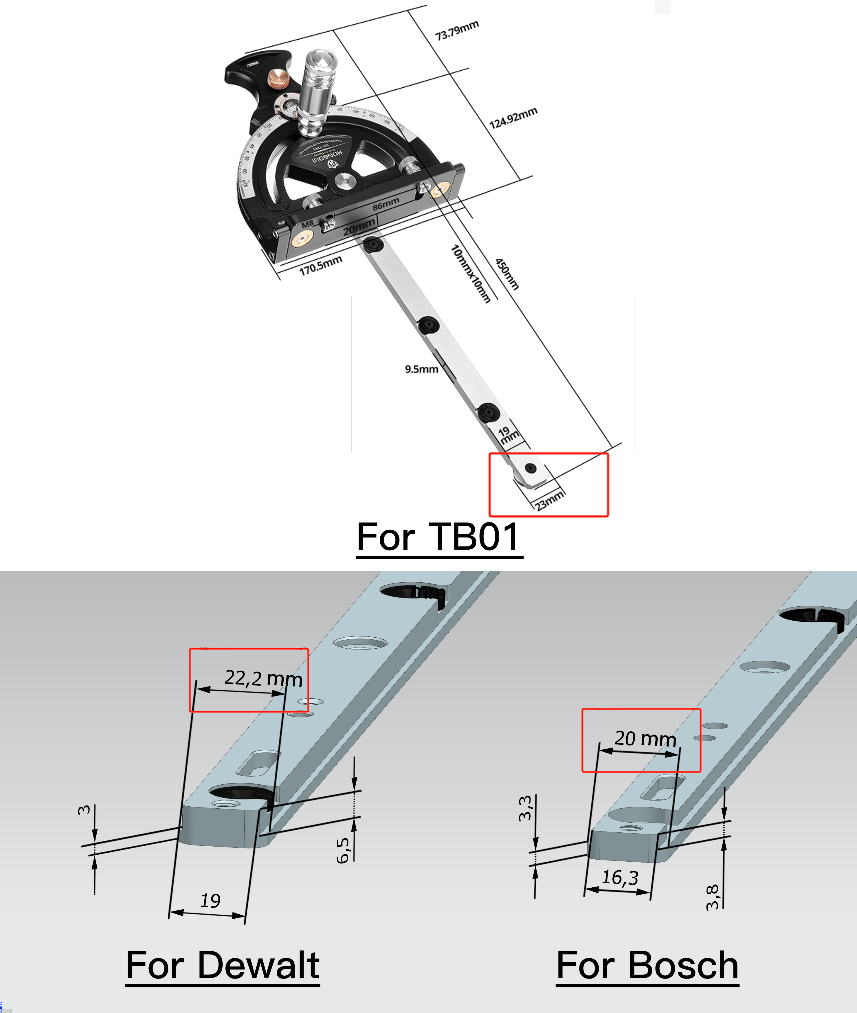 HONGDUI Precision Miter Gauge and Adjustable Miter Bar - ตัวพาไม้ตัดขวางเสี้ยน พร้อมแขนพาไม้ของ Hongdui สำหรับโต๊ะเลื่อยที่ใช้ร่อง Miter มาตรฐาน U.S. และมาตรฐาน Bosch ยุโรป (สินค้าสั่งซื้อล่วงหน้า - Pre-Order)
