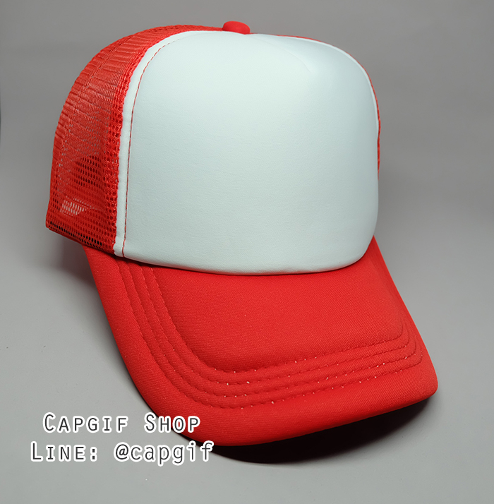 หมวกแก๊ปตาข่ายสีแดงหน้าขาว