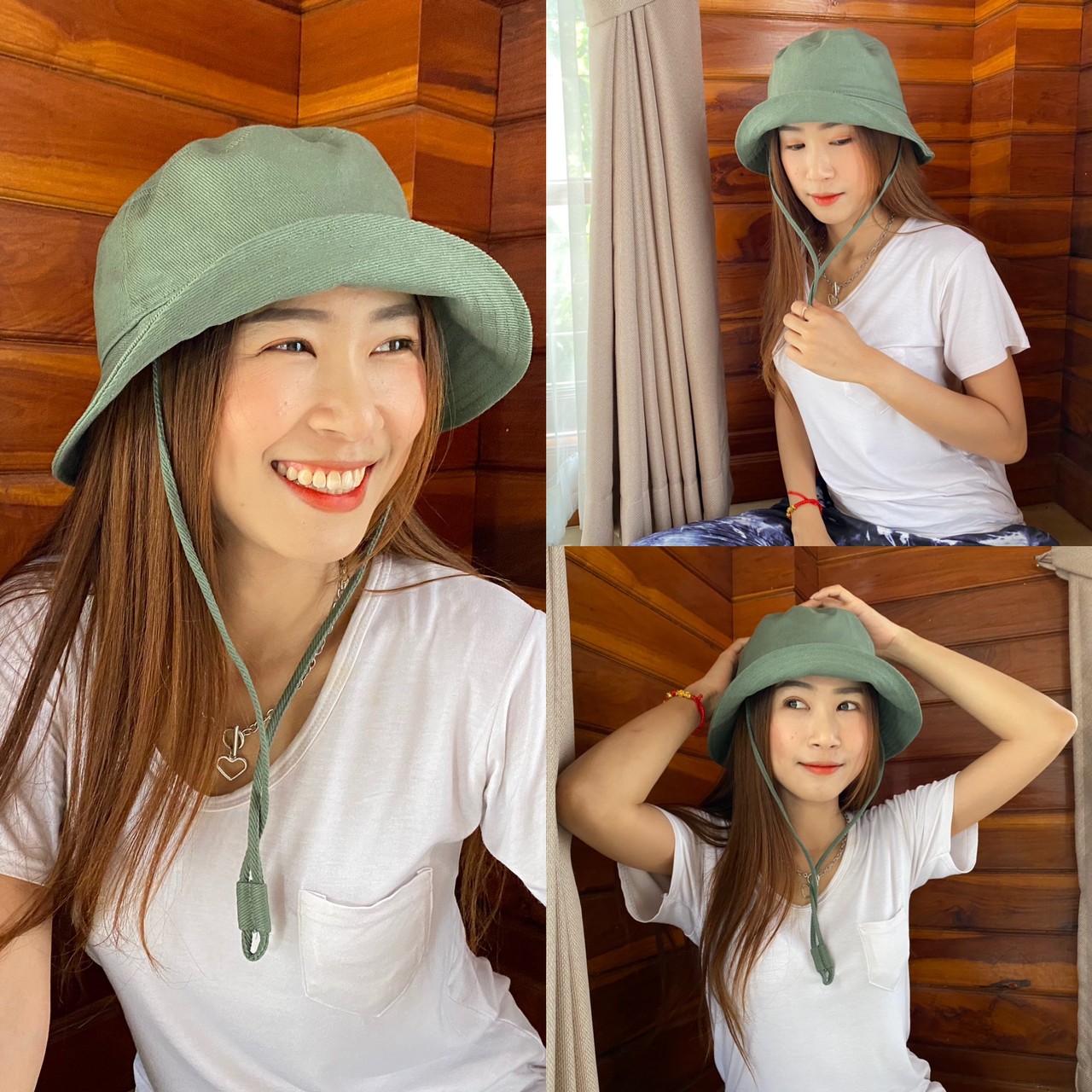 หมวกบักเก็ตแบบมีสายรัด หมวกbucketผูกคาง หมวกปีกกว้างผ้าพีชคอตตอน size : 58cm.