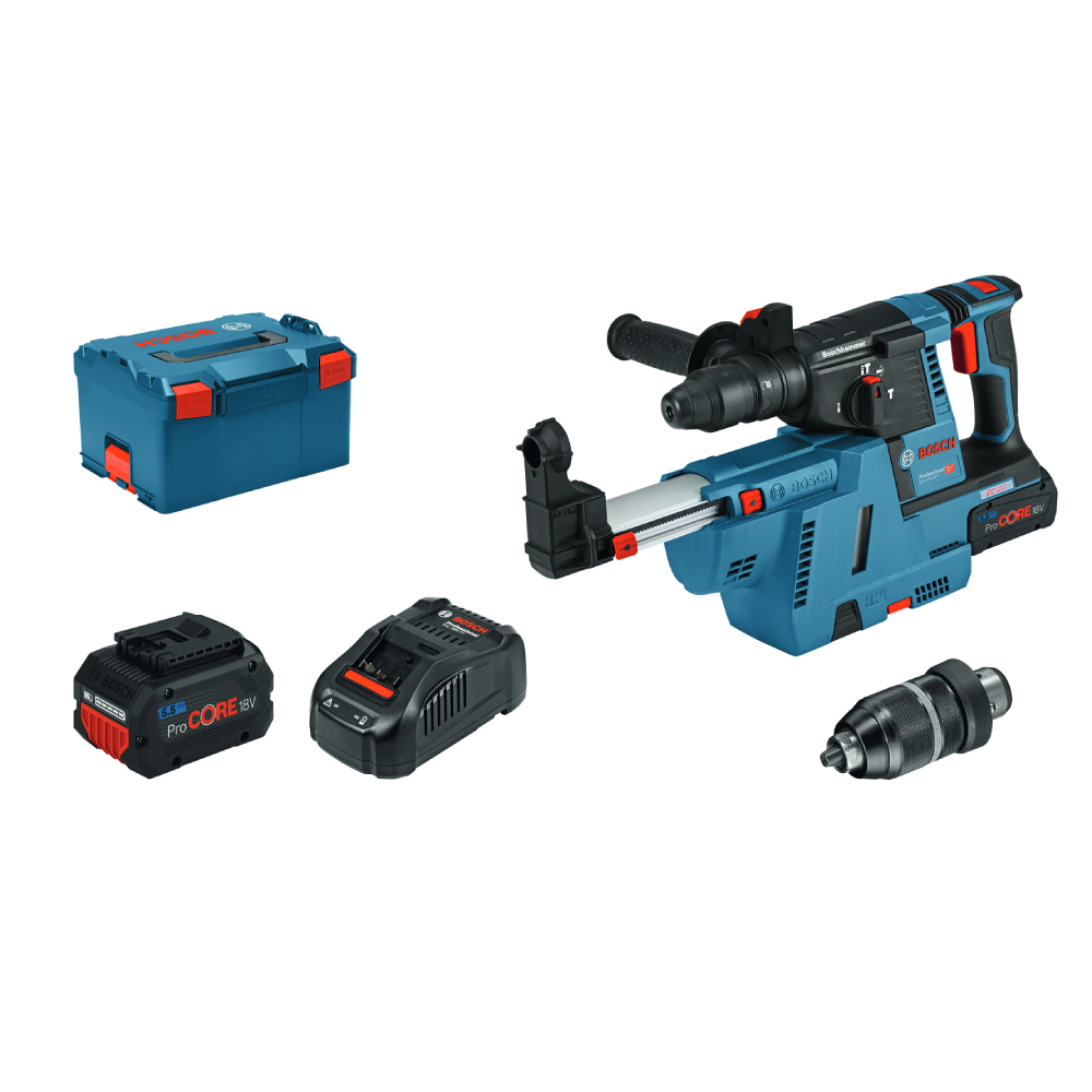 BOSCH GBH 18V-26F Rotary Hammer Drill with dust collection attachment (GDE 18V-16 FC), 2x 6.0Ah batteries and charger - สว่านโรตารีไร้สาย Li-Ion 18V + ชุดดูดฝุ่น GDE 18V-16FC (2 แบต x6Ah, แท่นชาร์จ)- 0611910004