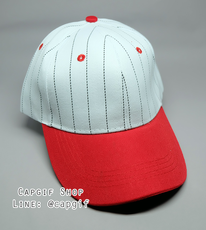 หมวกแก๊ปเบสบอลสีขาวปีกแดง รุ่นเส้นห่าง