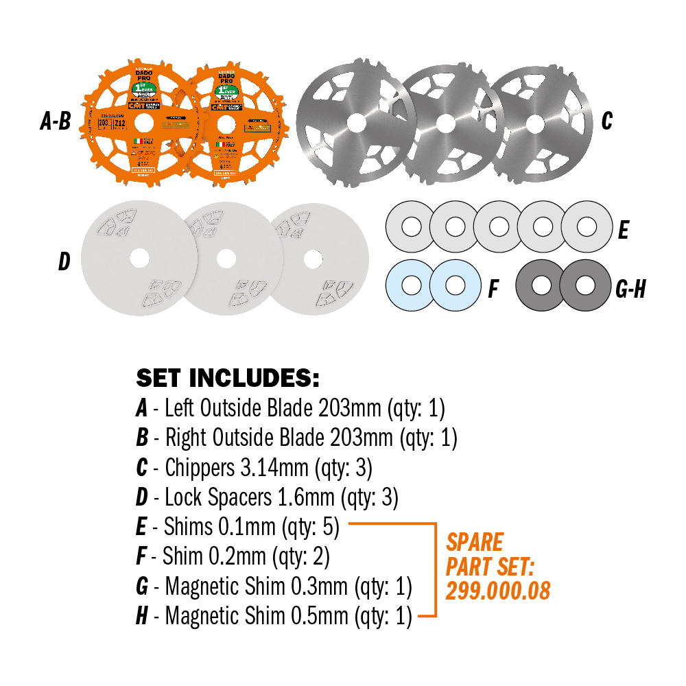 CMT ORANGE TOOLS 230.312.08 LOCKED DADO Saw Blade Set, UNI EN-847 - ชุดใบเลื่อยเซาะร่องขนาด 8นิ้ว แบบซ้อนเป็นชั้นมาตรฐาน UNI EN-847U (สินค้าสั่งซื้อล่วงหน้า Pre-Order)