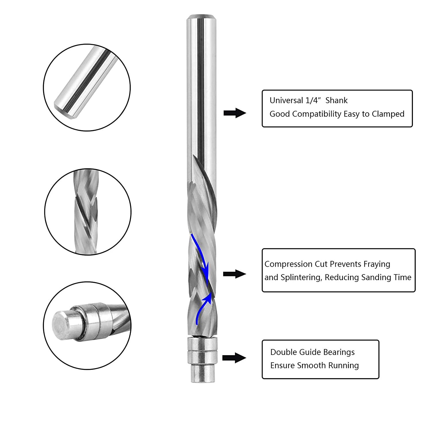 SIT TOOL SIT-14122 Solid Carbide Flush Trim Compression Spiral Router Bit 1" C/L, 1/4" Shank - ดอกทริมเมอร์เดินตามแบบชนิดคาร์ไบด์ทั้งแท่ง คมกัดแบบบีบอัด/ ขึ้นและลง ลูกปืนล่างคมแบบเกลียว 2 ชุด ความยาวเกลียวคมตัด 1นิ้ว แกน 1/4 นิ้ว. SIT TOOL รุ่