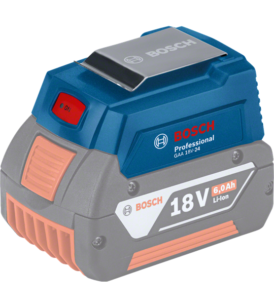 BOSCH GAA 18V-24 USB Adapter for 14.4/18v - แหล่งจ่ายไฟ USB ใช้งานร่วมกับแบตเตอรี่เครื่องมือไร้สายของบ๊อช (ไม่รวมแบตเตอรี่) - 1600A00J61