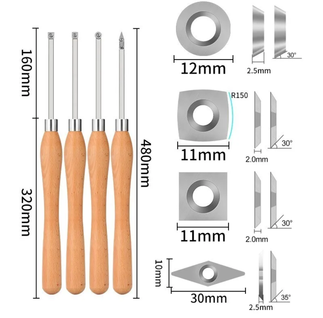 XCAN DK0384PCMH - Standard Size Wood Lathe Turning Tool Set with Carbide Insert 4pcs in Wooden Box - มีดกลึงปลายคาร์ไบด์ขนาดมาตรฐาน ชุด 4 เล่ม ในกล่องไม้ XCAN รุ่น DK0384PCMH