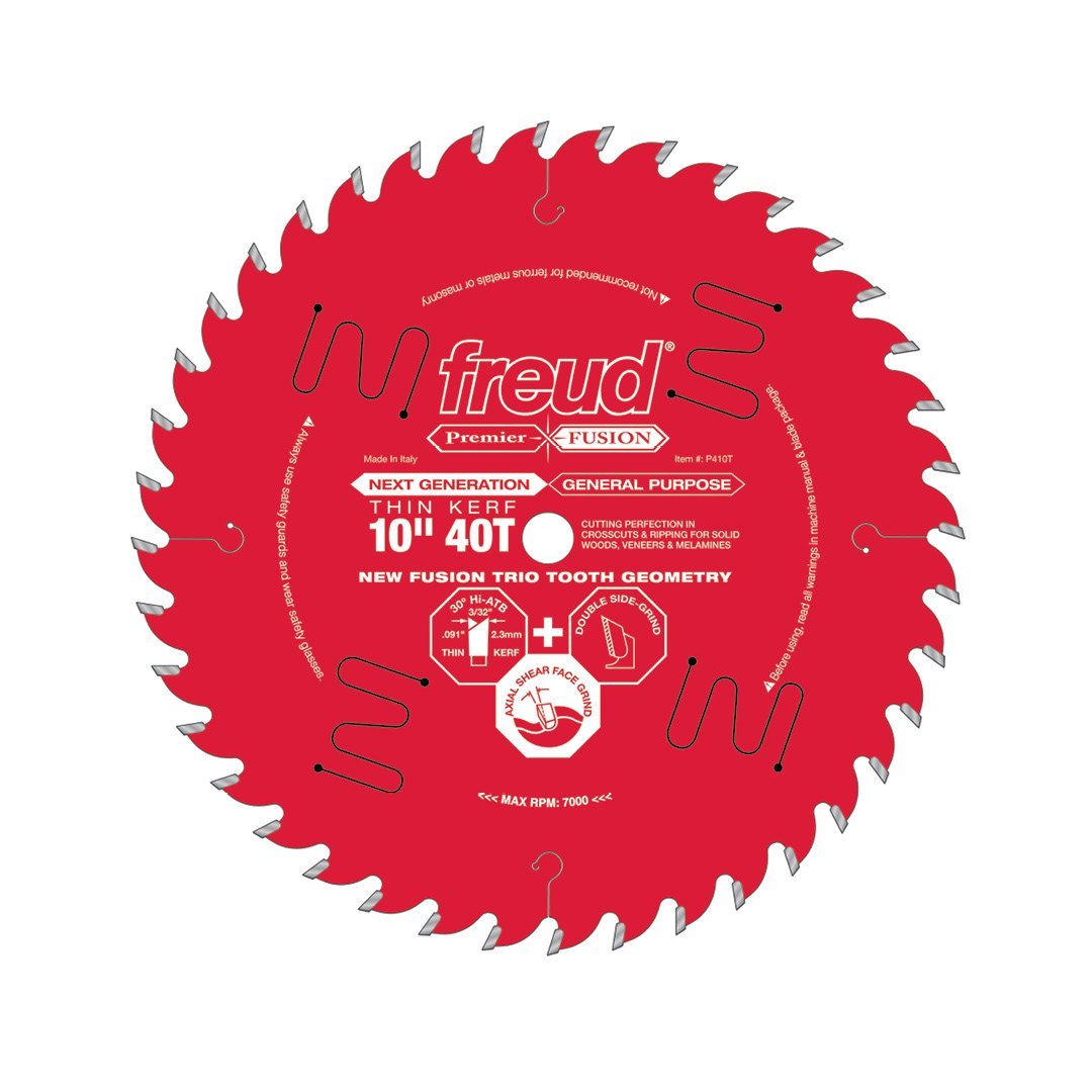 FREUD P410T - 10" x 40T Thin Kerf Hi-ATB Premier Fusion Saw Blade, 5/8-inch Arbor -ใบเลื่อยโต๊ะเลื่อยสำหรับตัดอเนกประสงค์ชนิดคลองเลื่อยแคบ U.S.A. (Made in Italy) สินค้าสั่งซื้อล่วงหน้า Pre-Order