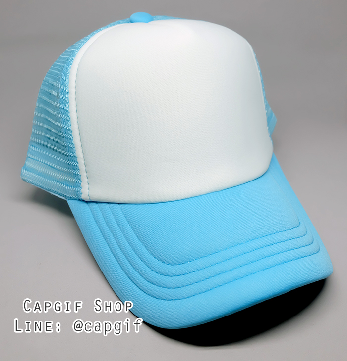 หมวกแก๊ปตาข่ายสีฟ้าหน้าขาว