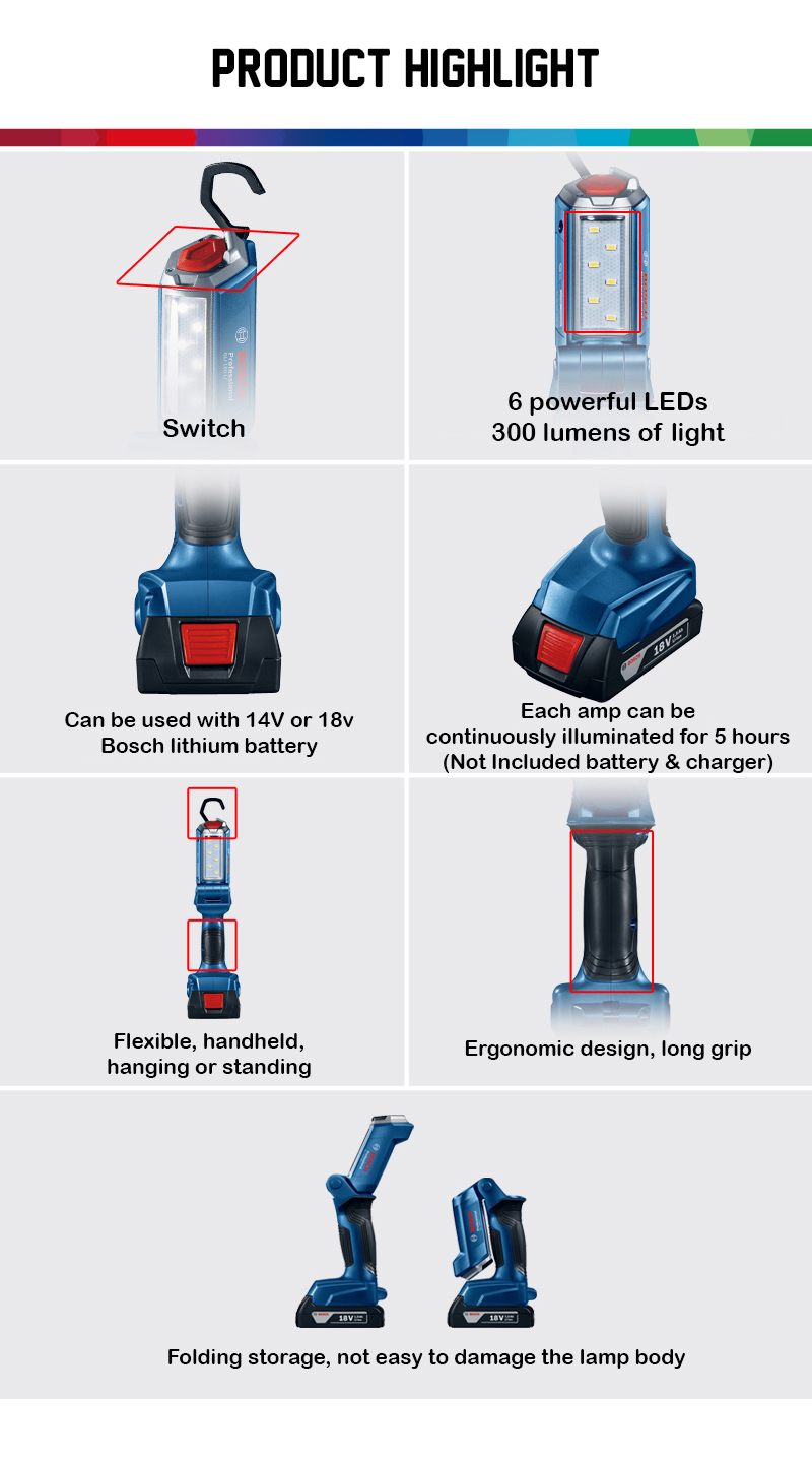 BOSCH GLI 180-LI Cordless Worklight (Tool only, without battery and charger) - ไฟส่องสว่างพื้นที่ทำงานแบบไร้สายใช้แบตเตอรี่ Li-Ion 18v บ็อชรุ่น GLI 180-LI (ตัวเปล่า ไม่มีแบตเตอรี่ ไม่มีแท่นชาร์จ) - 06014A11L0