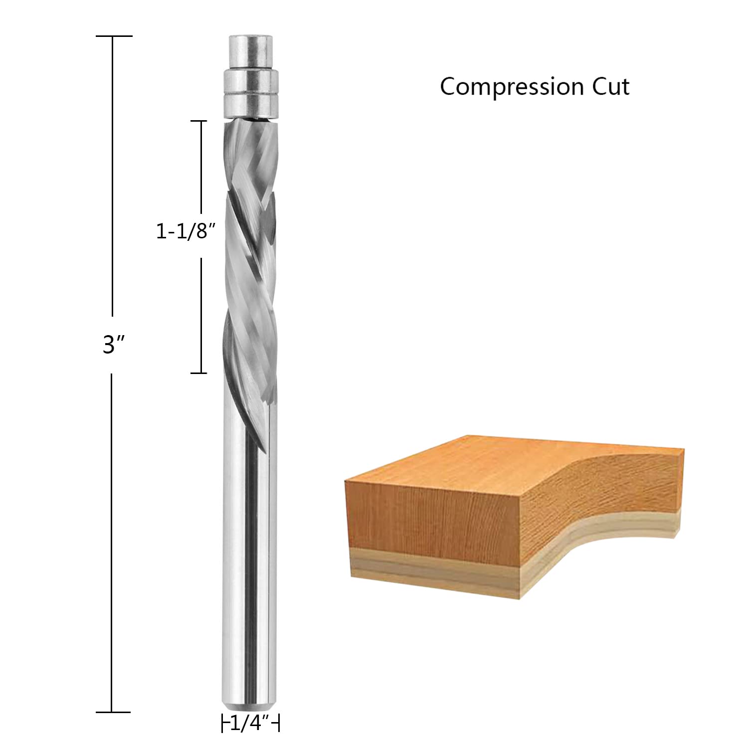 SIT TOOL SIT-14122 Solid Carbide Flush Trim Compression Spiral Router Bit 1" C/L, 1/4" Shank - ดอกทริมเมอร์เดินตามแบบชนิดคาร์ไบด์ทั้งแท่ง คมกัดแบบบีบอัด/ ขึ้นและลง ลูกปืนล่างคมแบบเกลียว 2 ชุด ความยาวเกลียวคมตัด 1นิ้ว แกน 1/4 นิ้ว. SIT TOOL รุ่
