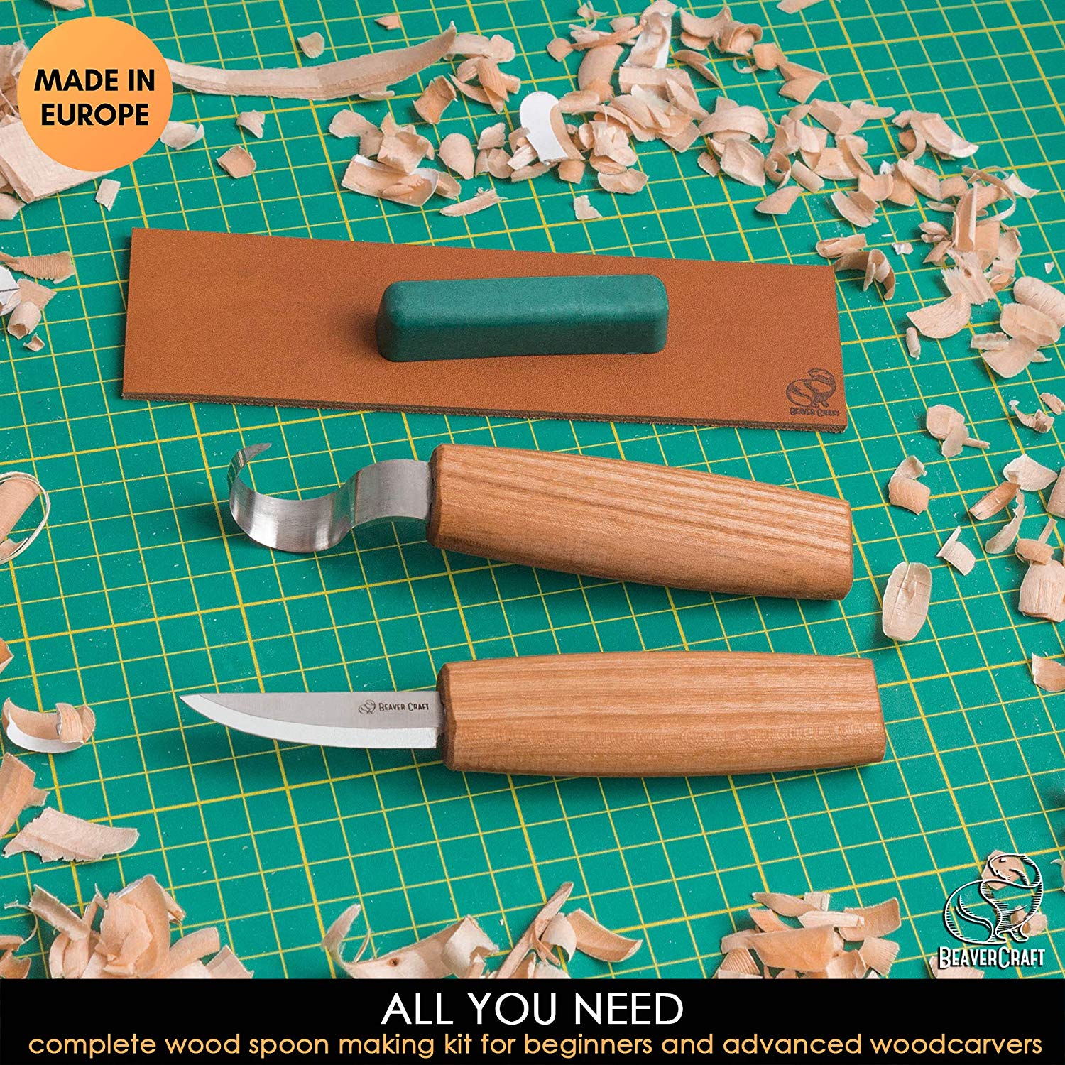 BeaverCraft S01 Wood Spoon Carving Knives Set - ชุดมีดแกะสลักไม้สำหรับขุดช้อน ถ้วย 2 เล่ม หนังลับและไขลับคม มาพร้อมม้วนซองใส่มีด (Made in Ukraine)