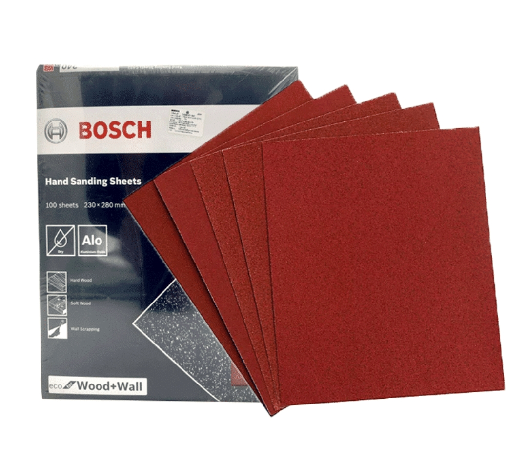 BOSCH P60-P320 230mm x280mm Sanding Sheets 60-320 grit, 100 sheets (กระดาษทรายแผ่นขนาด 230มม x280มม 60-320 grit จำนวน 100แผ่น