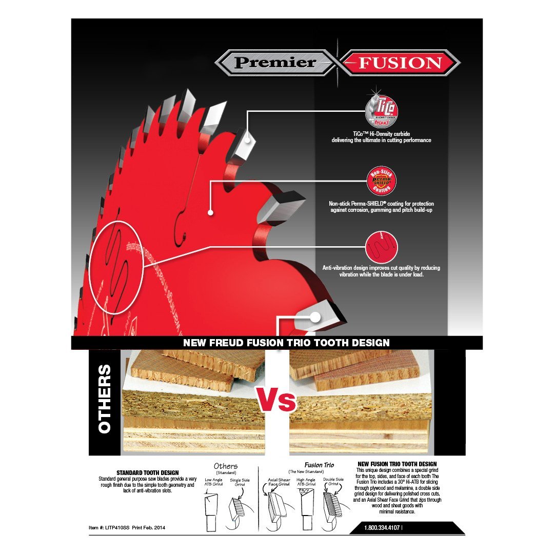 FREUD P410T - 10" x 40T Thin Kerf Hi-ATB Premier Fusion Saw Blade, 5/8-inch Arbor -ใบเลื่อยโต๊ะเลื่อยสำหรับตัดอเนกประสงค์ชนิดคลองเลื่อยแคบ U.S.A. (Made in Italy) สินค้าสั่งซื้อล่วงหน้า Pre-Order
