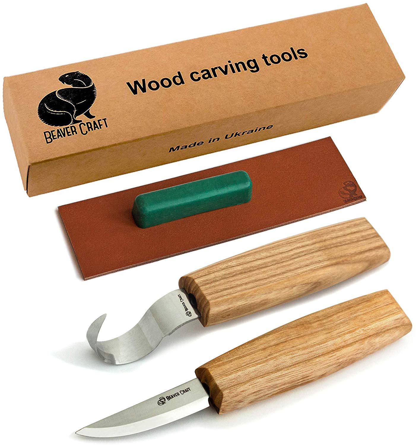 BeaverCraft S01 Wood Spoon Carving Knives Set - ชุดมีดแกะสลักไม้สำหรับขุดช้อน ถ้วย 2 เล่ม หนังลับและไขลับคม มาพร้อมม้วนซองใส่มีด (Made in Ukraine)