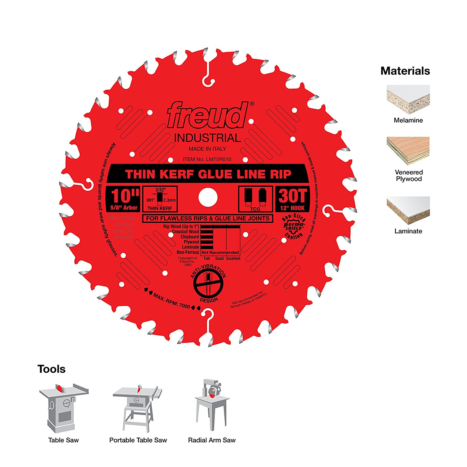 FREUD LM75R010 10" x 30T Industrial Thin Kerf Glue Line Ripping Blade -ใบเลื่อยโต๊ะเลื่อยแบบบาง สำหรับตัดตามเสี้ยนไม้ (U.S.A.)