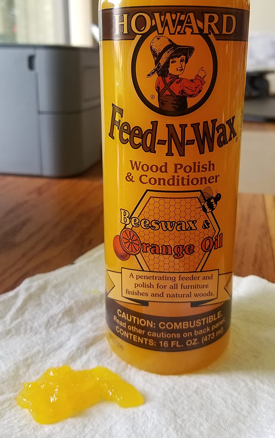 HOWARD Feed-N-Wax Wood Polish & Conditioner, 16 oz. (473mL.) - น้ำมันและแว็กซ์ รักษา ปรับสภาพเนื้อไม้ และเคลือบเงาไม้ มีกลิ่นอ่อนๆจากน้ำมันเปลือกส้ม (Made in U.S.A)